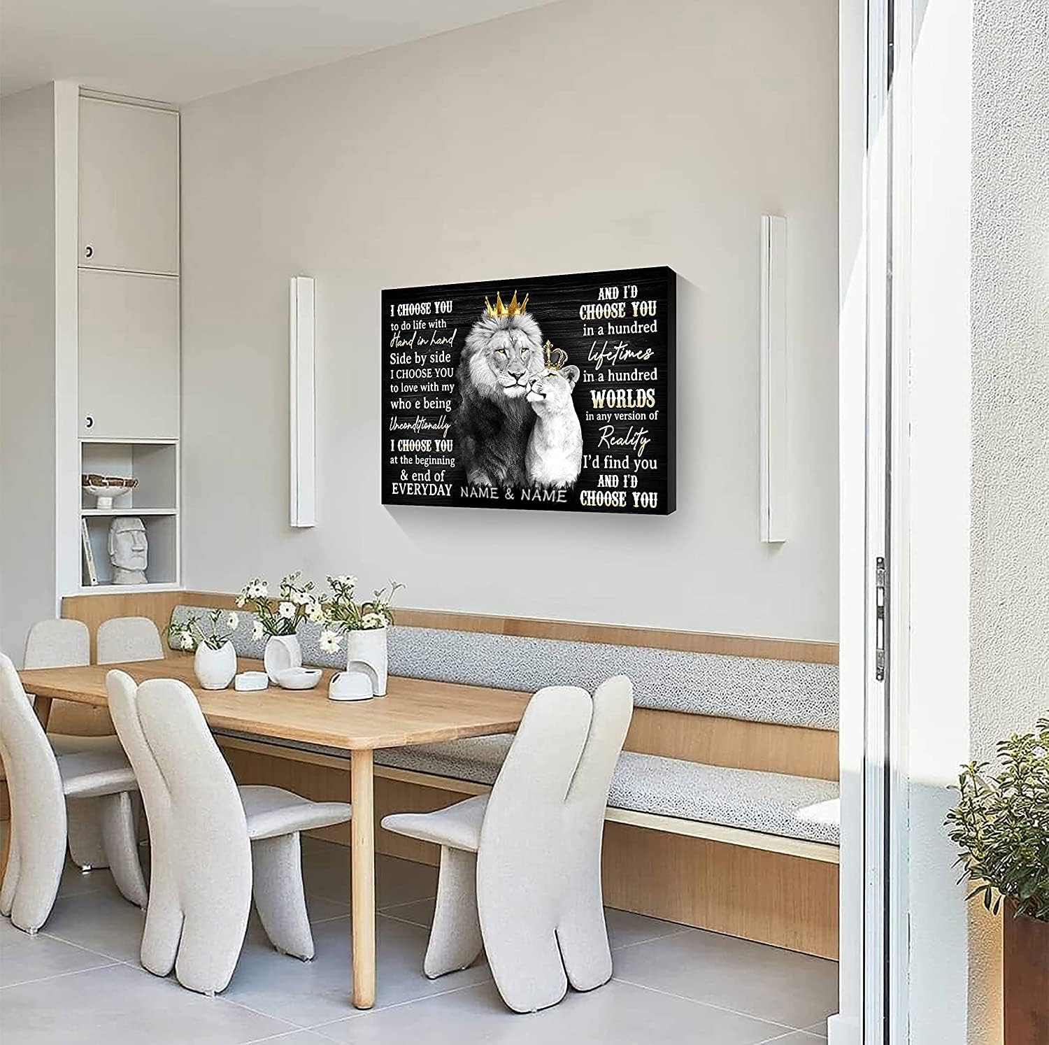 Custom Name the Lion King and Queen with Crown Canvas Wall Art Personalized Name Couple Wall Decor African Wild Animals Prints Pictures Black and White Modern Framed Artwork for Bedroom Ready to Hang