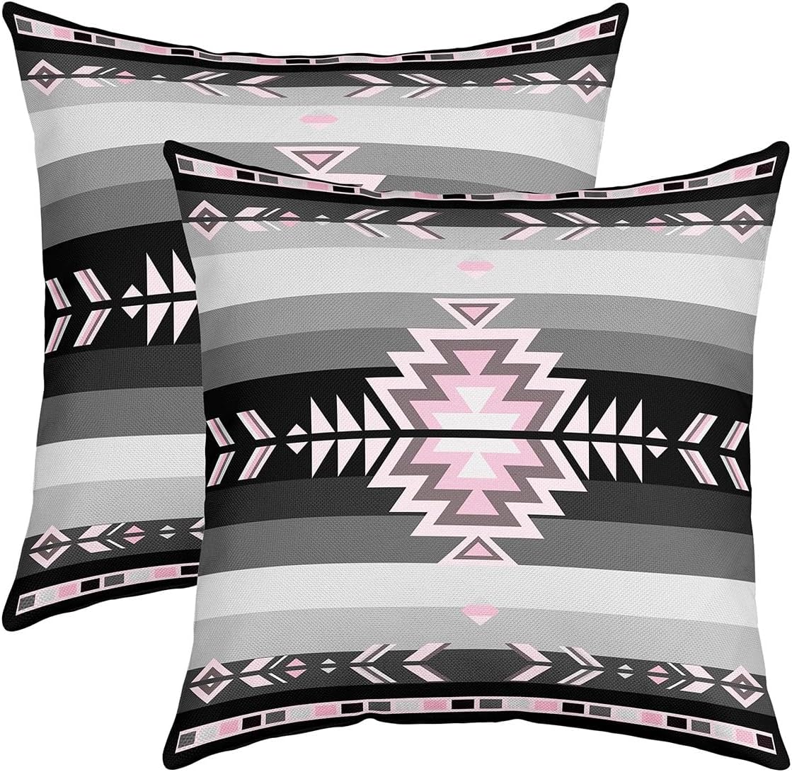 2-Pack Reversible Buffalo Check Pillow Covers - 22x22 Inch Pink Grey Black Geometric