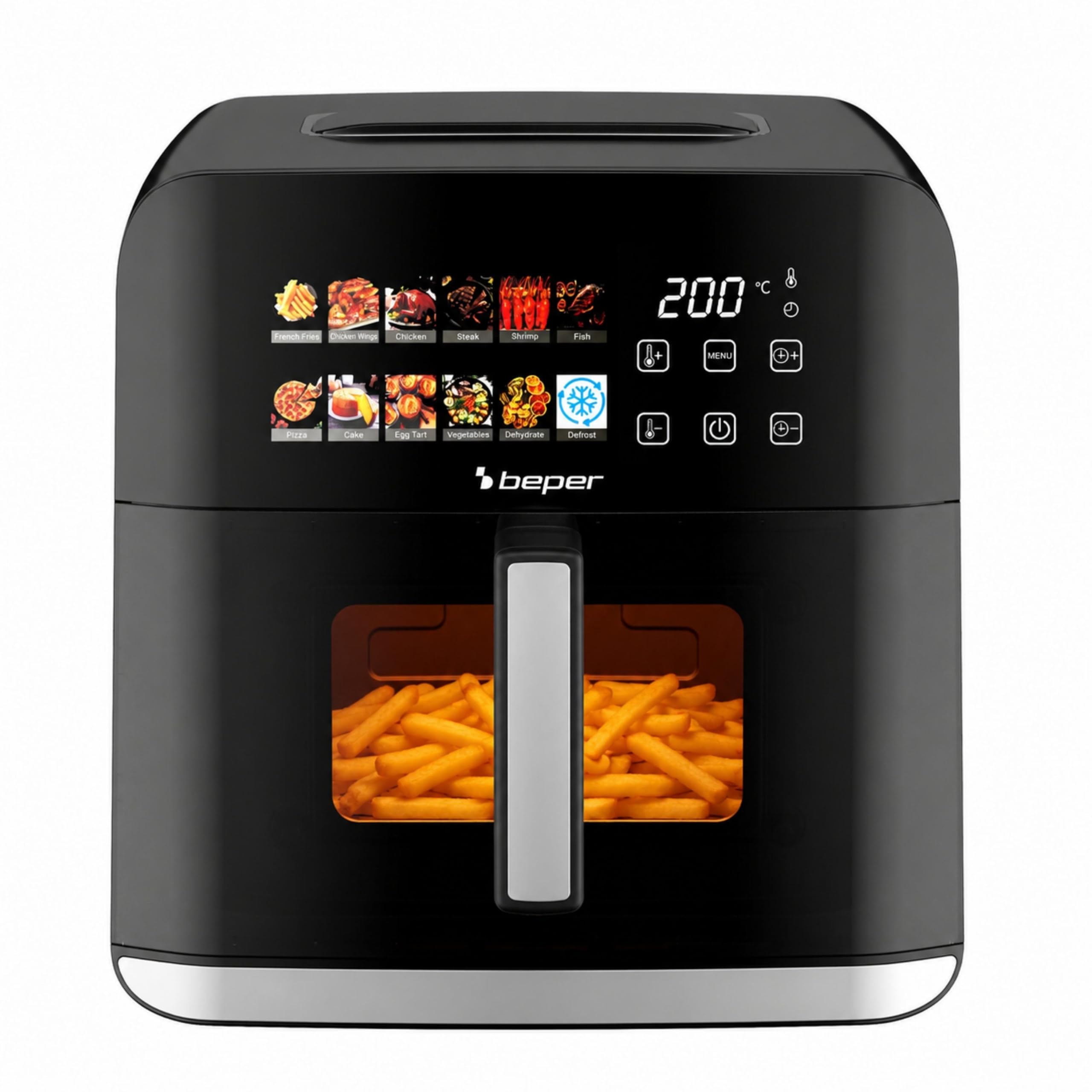 BEPER P101FRI091 Freidora de aire de 9 litros y 1800 W con ventana y luz interior, pantalla táctil a color, 12 programas automáticos, freidora XXL con temporizador de 60 minutos