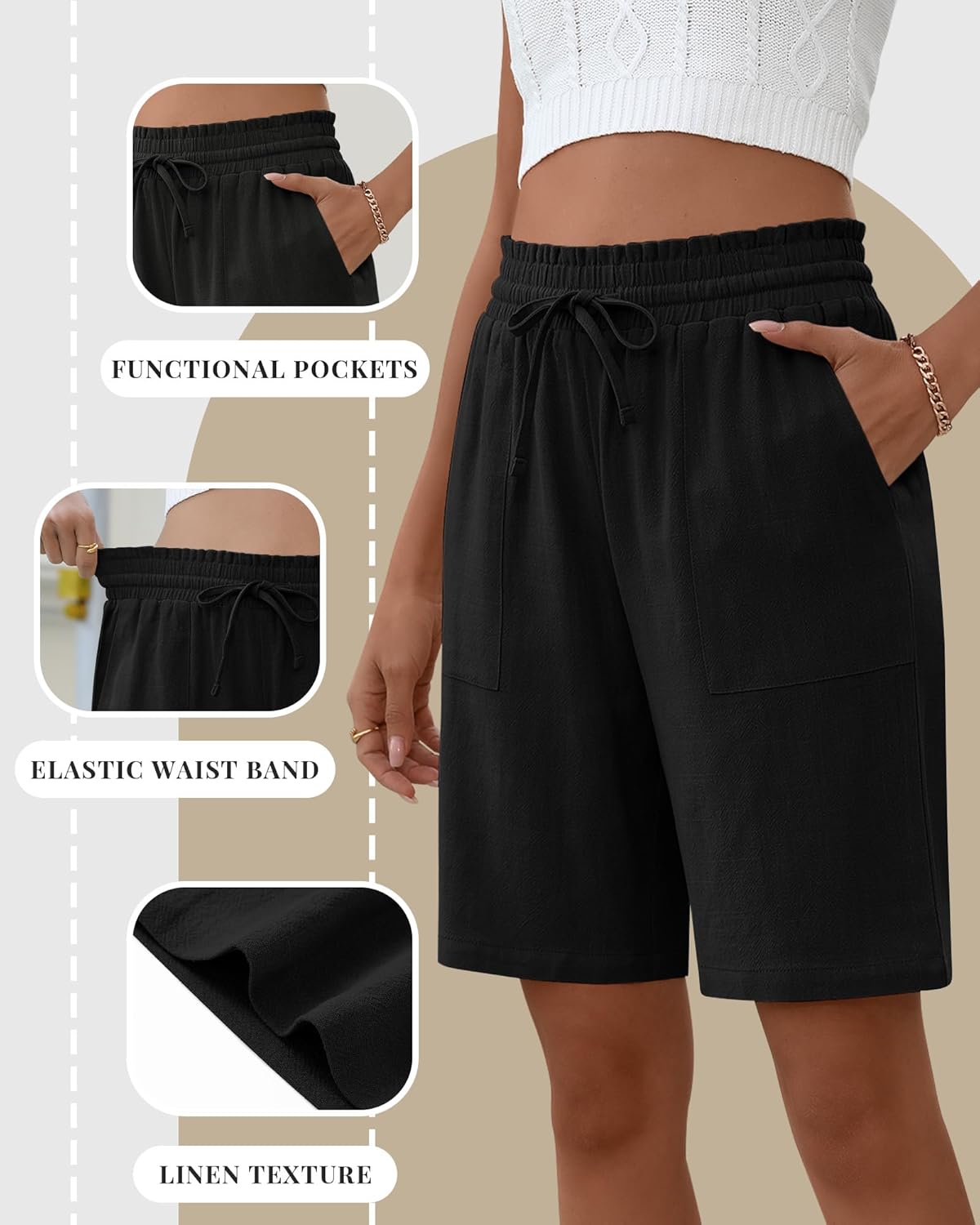 2 Pack Women's Linen Bermuda Shorts Casual Wide Leg Ruffle High Waisted Drawstring Summer Shorts with Pockets - Image 5