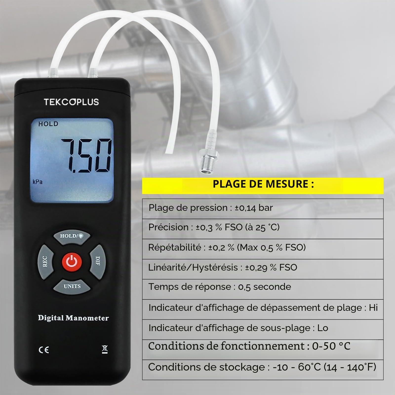 Manomètre, Testeur de Pression du Gaz à Double Port, Manomètre Numérique Professionnel pour HVAC, Mesureur de Pression de l'Air, Manomètre Différentiel avec Écran LCD Rétroéclairé, Tuyau de Rallonge