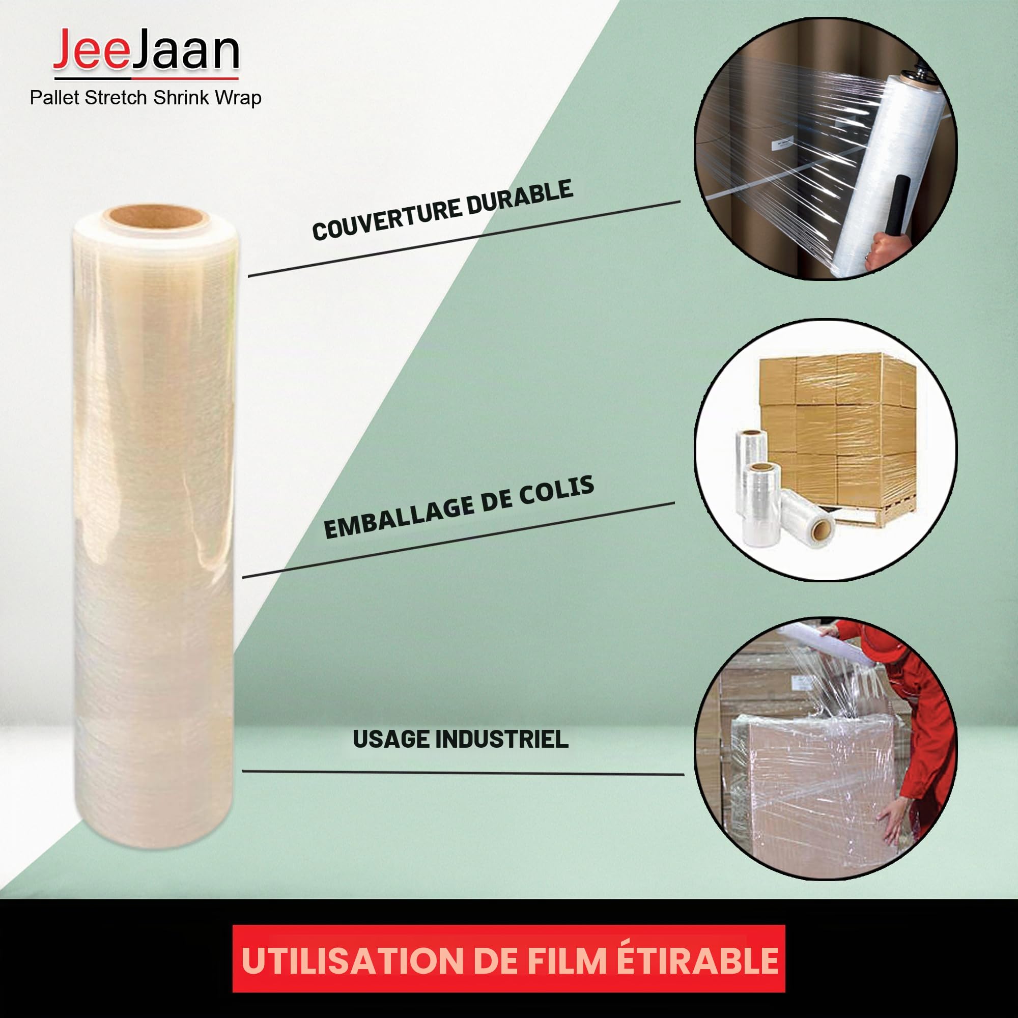 Film étirable pour palette 400 mm x 250 m Lot de 6 rouleaux Résistant à l'eau et à l'humidité Transparent