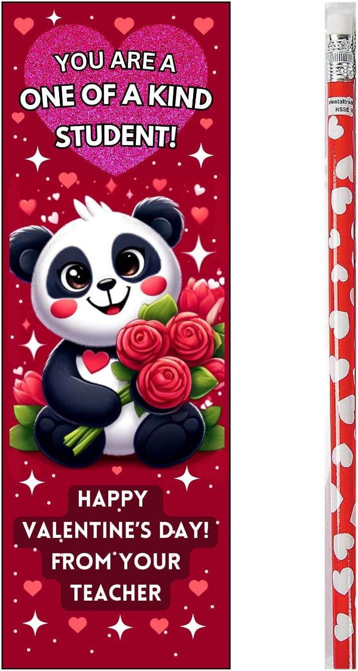 Class Valentines for Classroom You are One of A Kind Valentines for Students from Teacher Panda Bear Heart Bookmarks with Red Pencils Valentine's Day Exchanges (24 Sets)