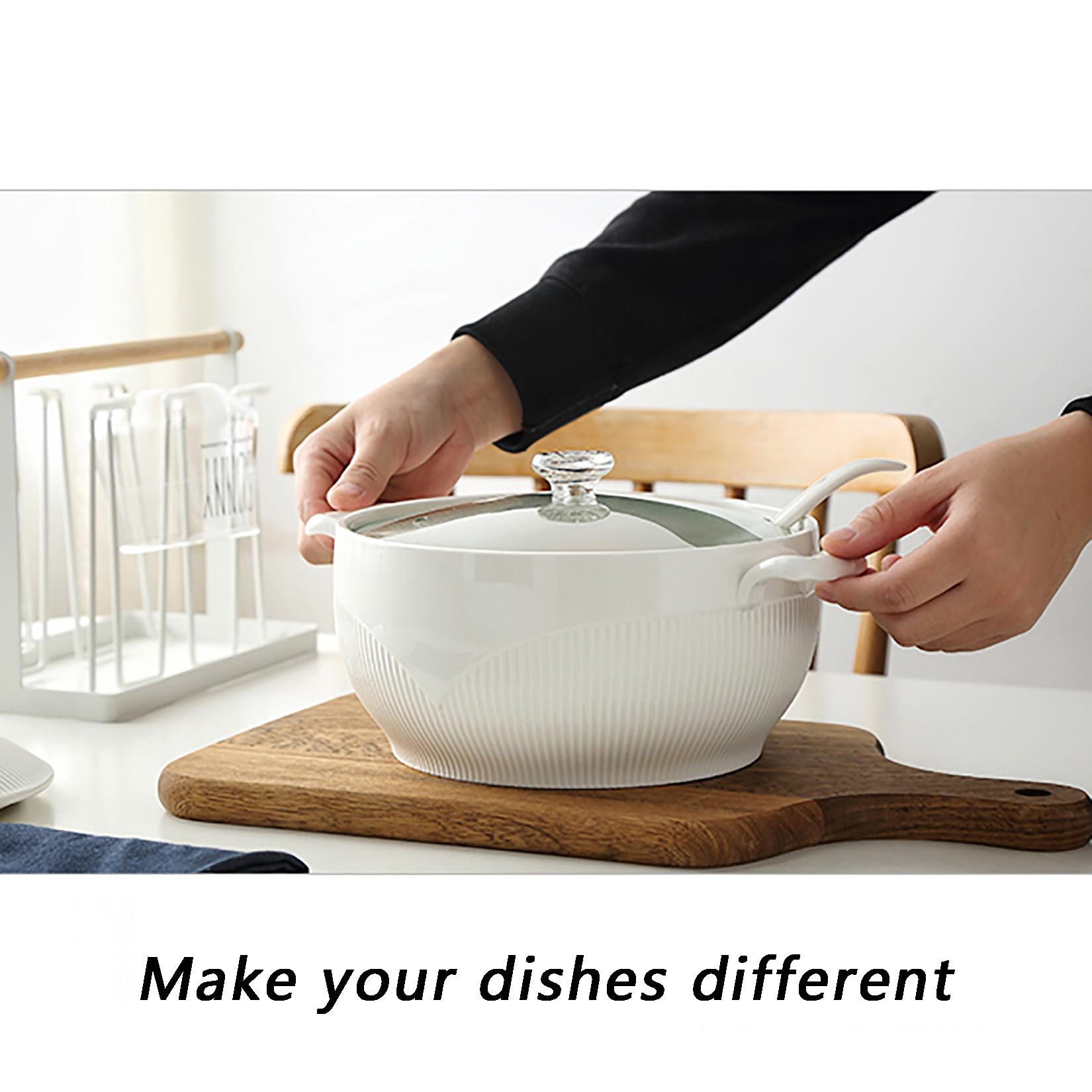 Soupière avec Couvercle en Verre et Cuillère, Bol à Soupe en Porcelaine pour Service de Table de Cuisine,Blanc,L