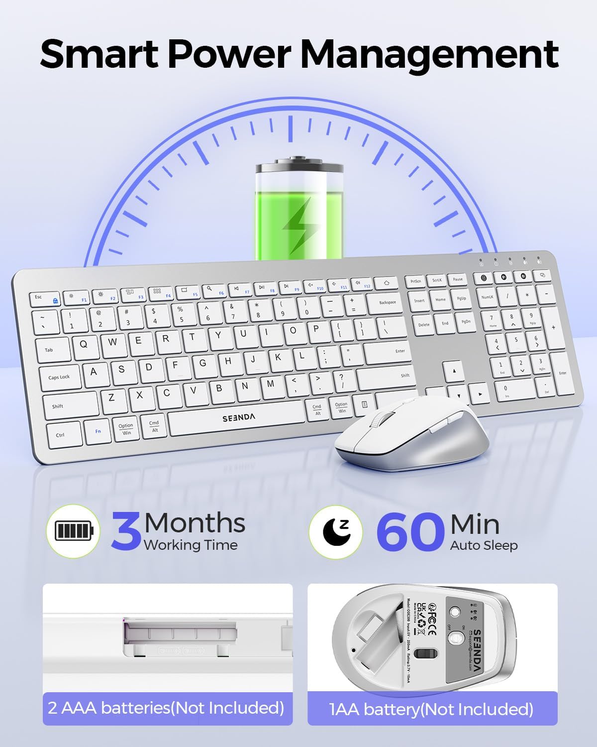 seenda Bluetooth Keyboard and Mouse, Wireless Keyboard Mouse Combo 2.4G Dual Bluetooth Multi-Device Connection Full Size Ultra-Slim Keyboard with Number Pad for Windows/Mac,White & Silver