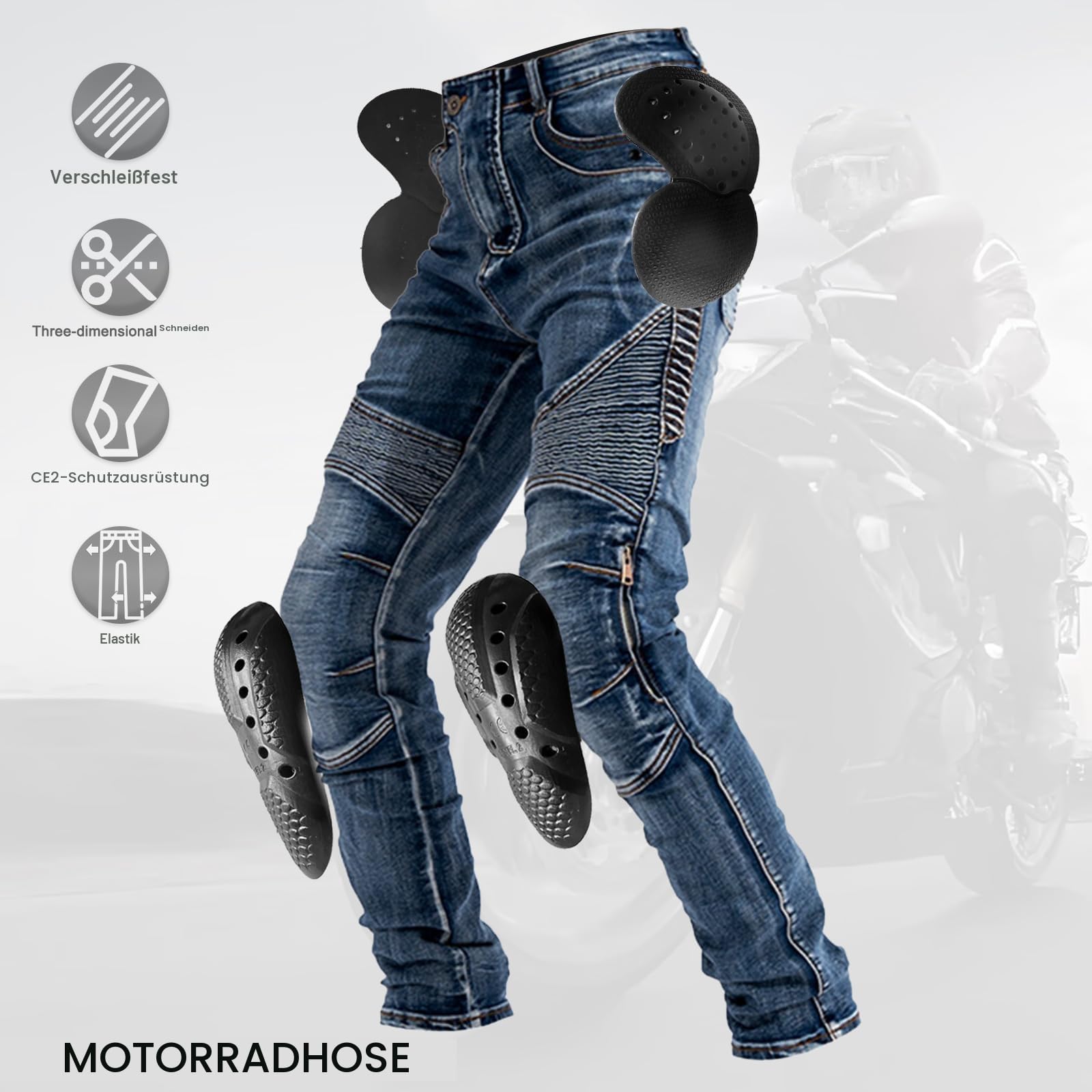 Herren Motorradhose Motorrad Reiten Schutzhose Denim Jeans Reißfester Stretch Vintage Jeanshose mit Abnehmbar Rüstung Knie-Hüftpolster