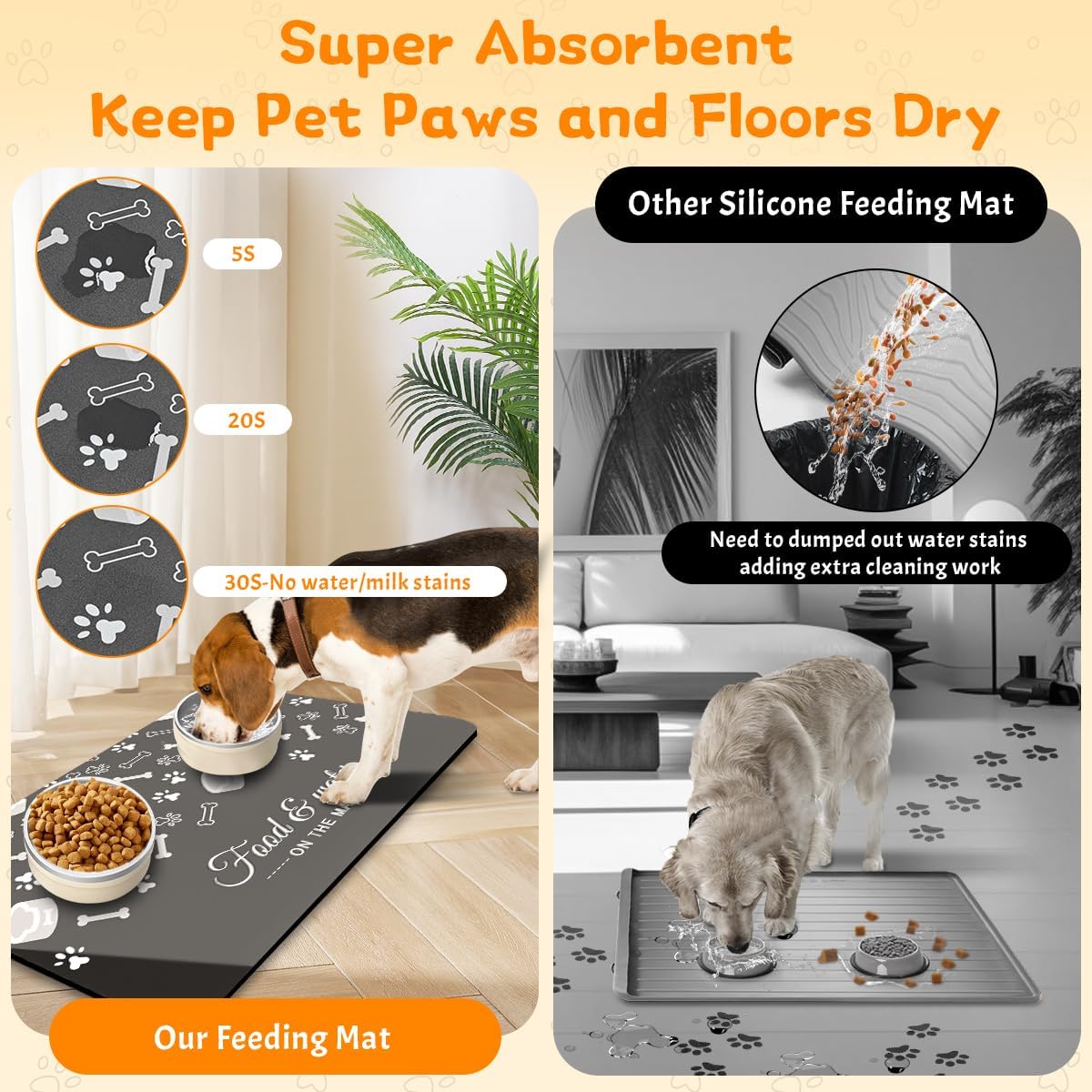Pet Feeding Mat - Absorbent Dog Food Mat for Floors Waterproof，Dog Cat Placemat Mat for Food and Water Bowls - No Stains No Sliding Quick Dry Water Eating Dish Mat