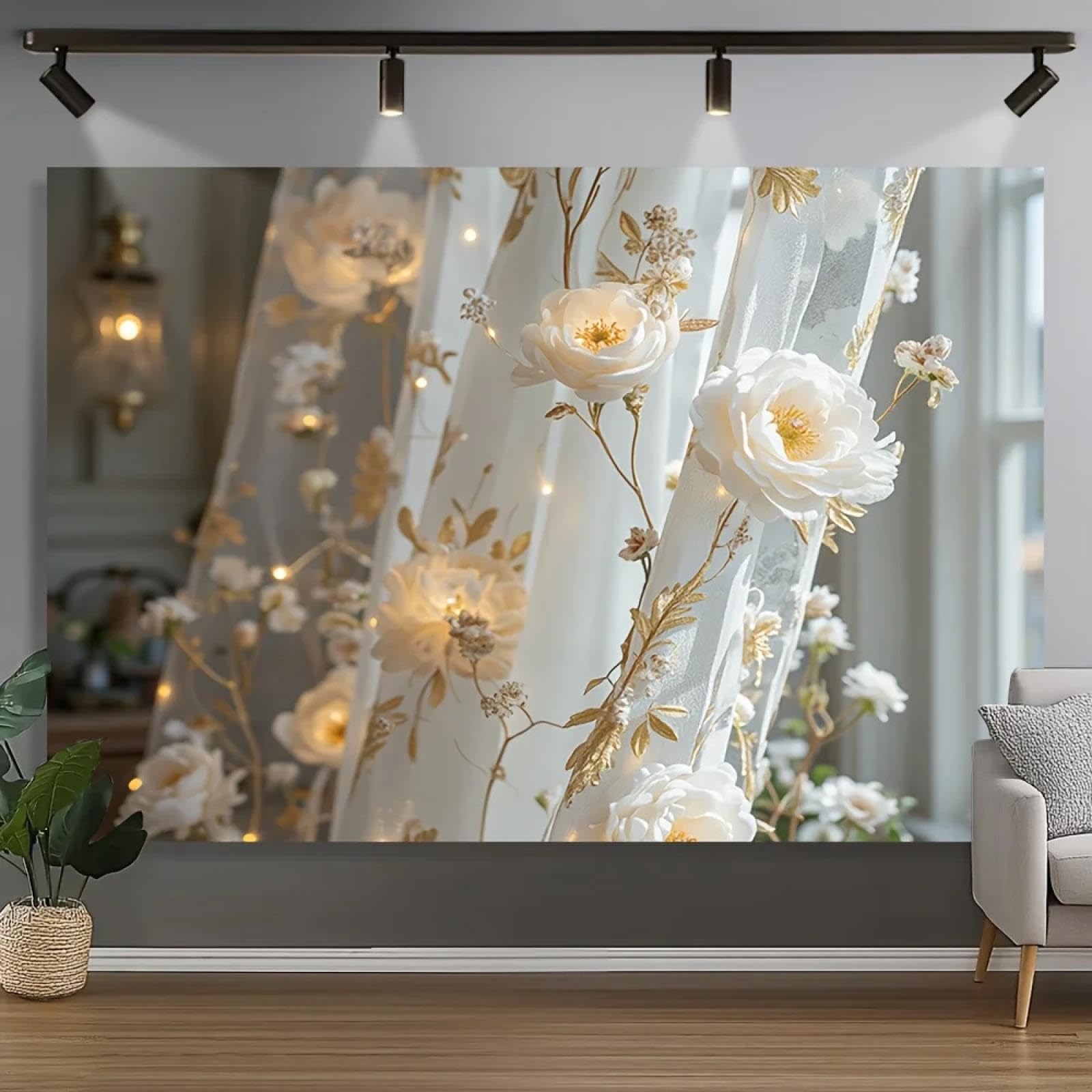 1 Pieza Elegante Fondo Floral de Jacquard Dorado con Rosas Blancas y decoración del hogar de Vid para una Fiesta versátil