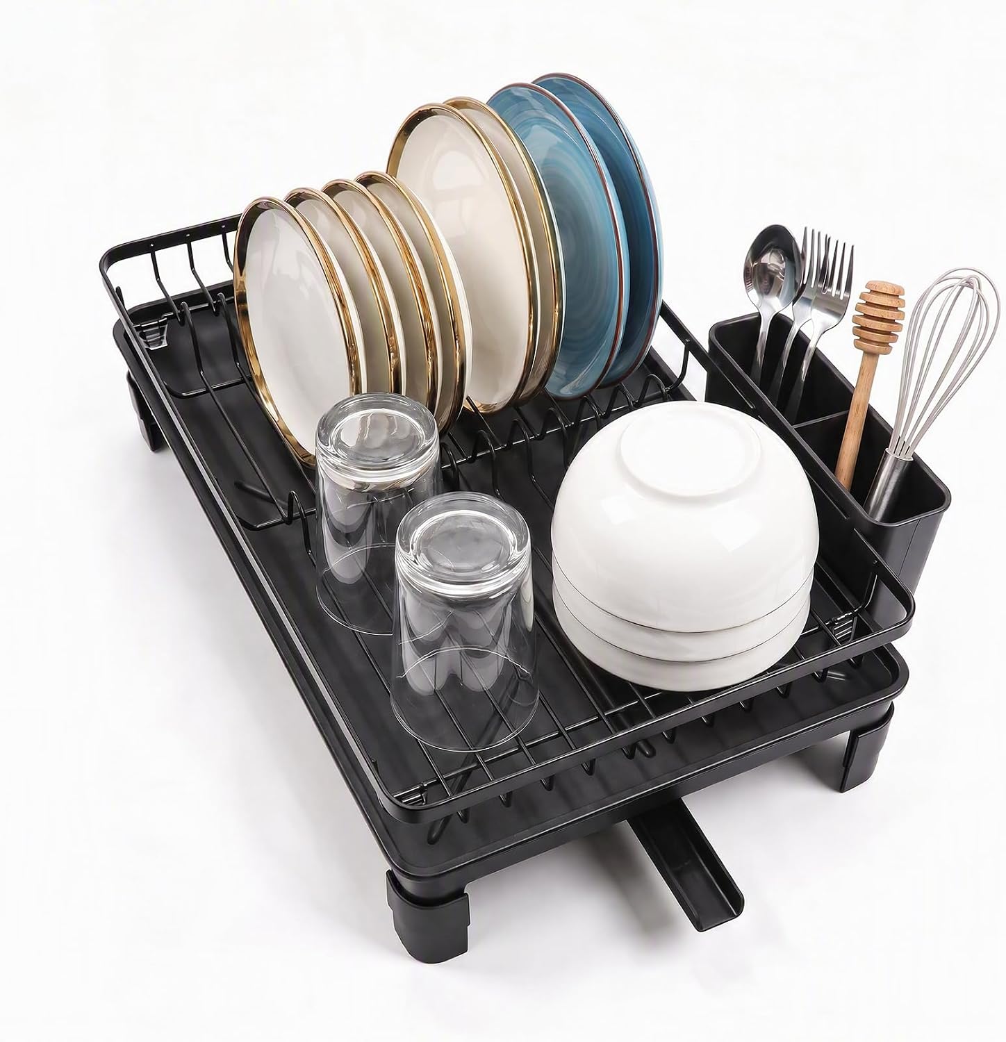 PureBox Compact Dish Drying Rack for Small Kitchen with Drainboard, Black