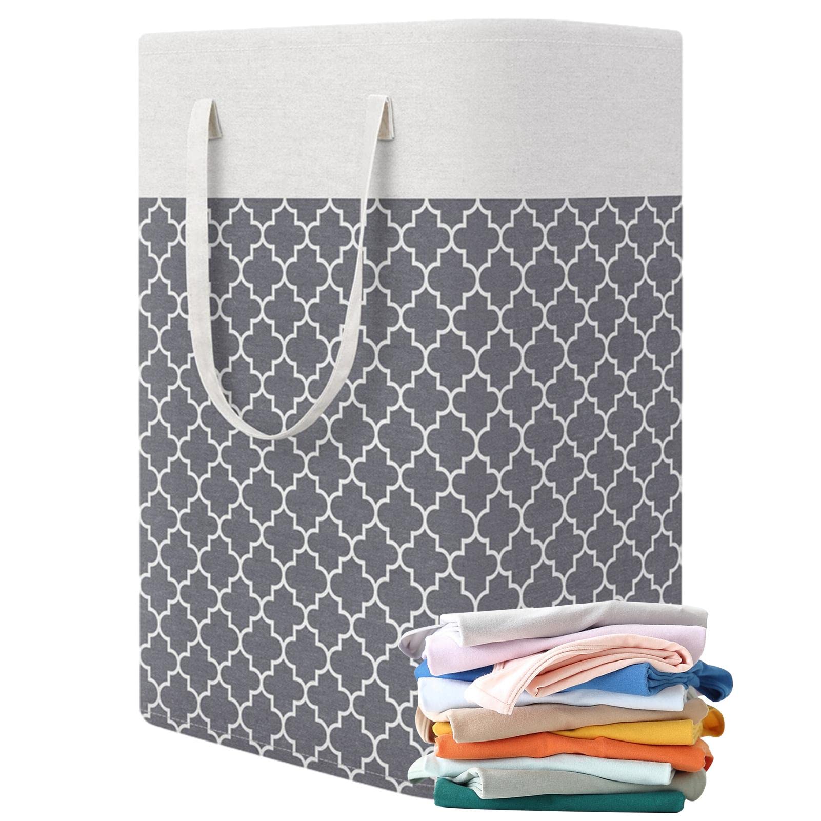 Gimocool Grey 75L Freestanding Laundry Hamper With Handle, Large Laundry Basket Clothes Hamper, Collapsible Laundry Hamper Washing Basket For Storage Clothes Toys In Bedroom, Bathroom