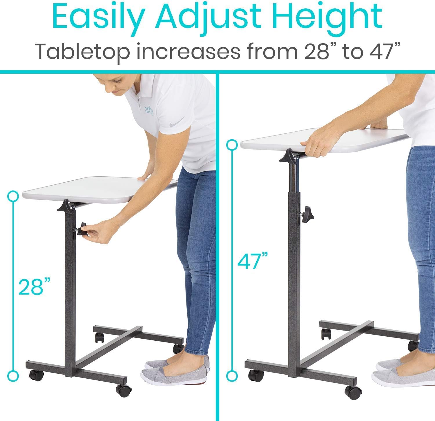 Vive Compact Overbed Table - Over Hospital Bed Tray - Rolling for Home Use or Medical - Adjustable Height, Tilt Top and Swivel Wheels - for Reading, Laptop, Eating, Bedridden, Elderly and Seniors