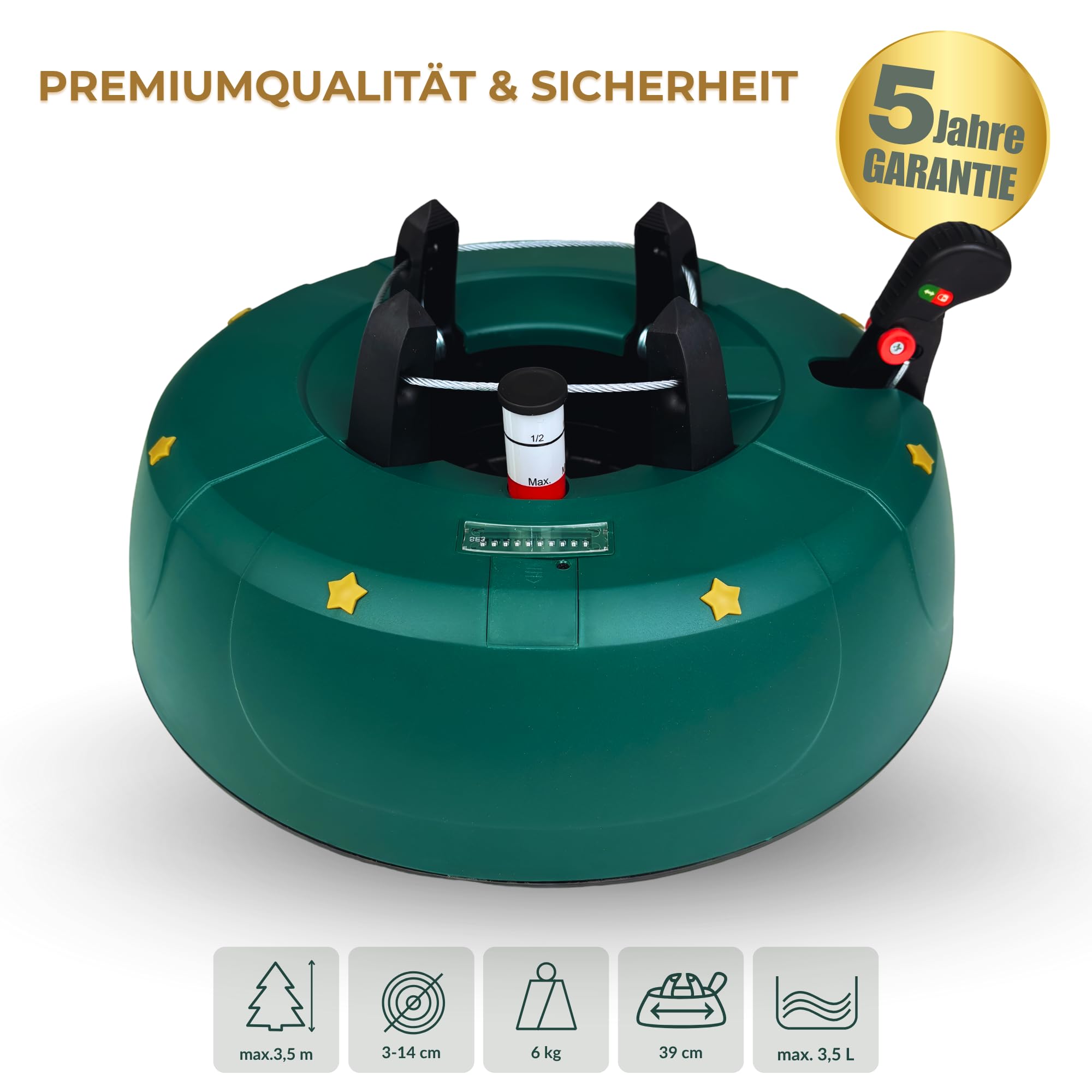 Robuster Christbaumständer für Baumhöhe bis 3,5m, mit Fußpedal und Einseiltechnik, inkl. 3,5L Wassertank, Weihnachtsbaumständer mit Sicherheitssystem, Grün (Matt) – Kamai Select 3.5