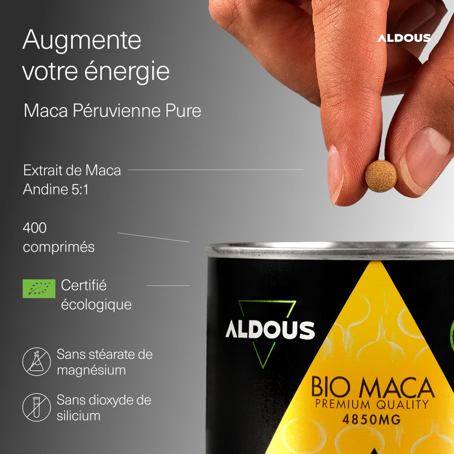 Extrait de Maca Bio - Dose 4850mg - 400 Comprimés - Hautement Concentrée - Maca Peruana - 100 jours - Poudre de Maca Root - Augmente l'Énergie et la Vitalité - Régulateur Hormonal - Certification Bio
