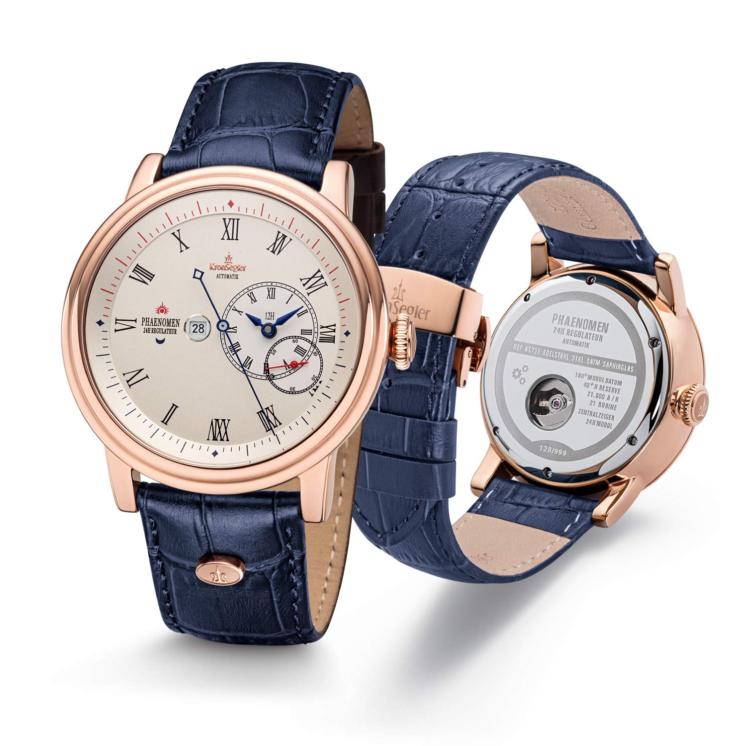 Kronsegler Phaenomen Automatik Regulateur Herren Armbanduhr Rose-Altweiß-Römisch