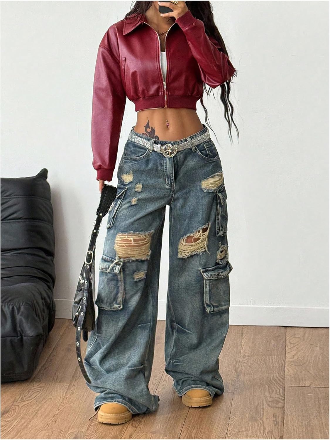 Floerns Women's Y2k Cropped Leather Jacket Zip Up Fall Going Out Motor Biker Coat - Image 5