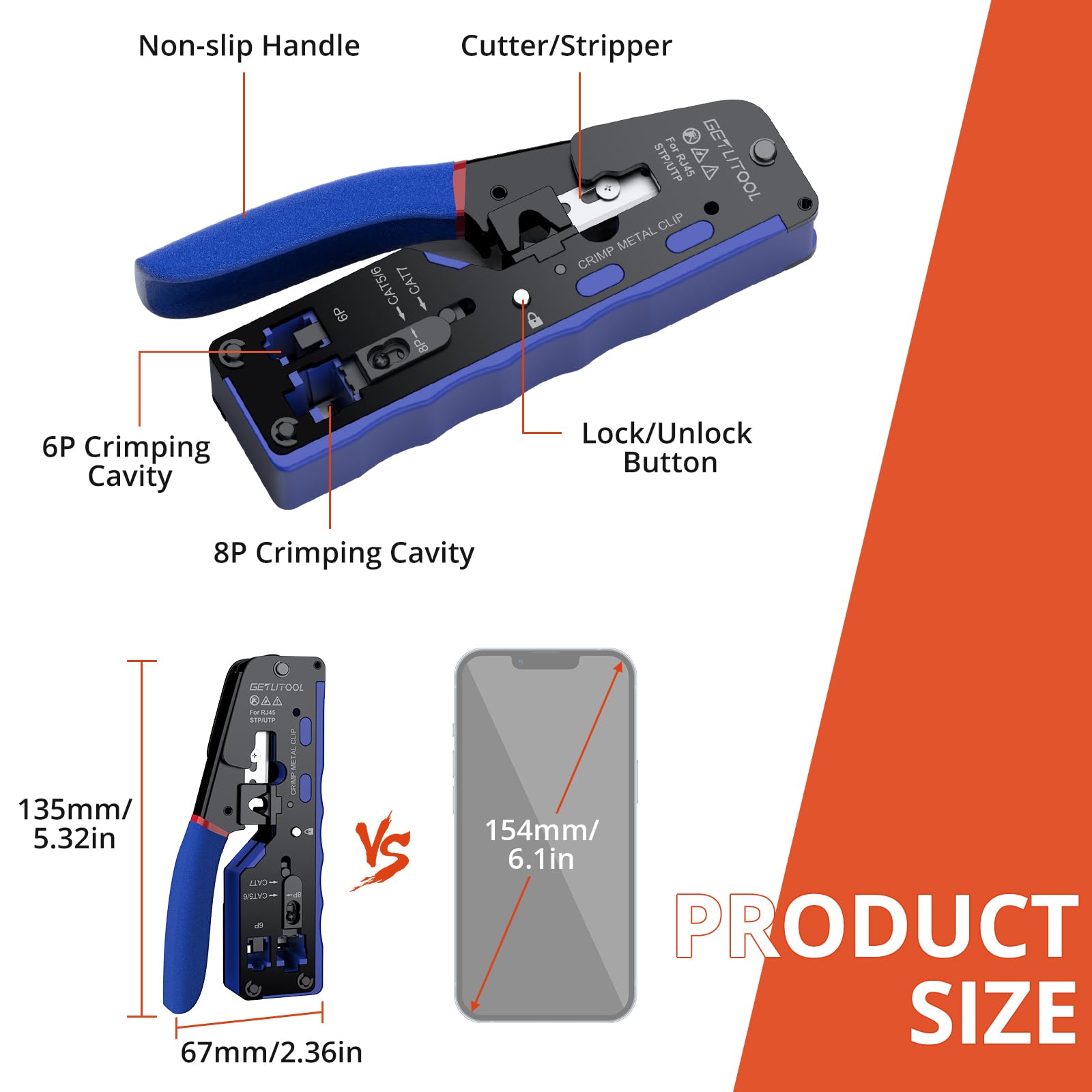 GETLITOOL Crimpadora RJ45 Kit Completo con 60 Conectores Cat6 Dorados Pelacables Probador de Red Herramientas para Crimpar Ethernet Cat5e/Cat6/Cat6a/Cat7