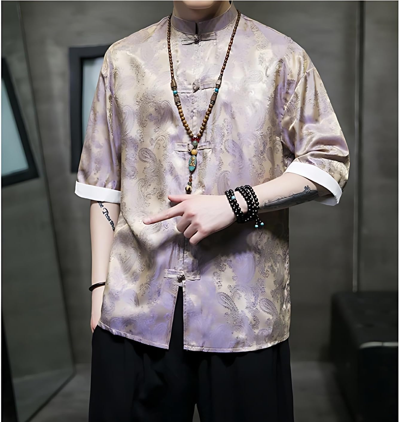 Men's Kung Fu Shirt,Traditional Chinese Hanfu Tang Suit Coat with Silk Printing,Half Sleeve Top for Casual Summer Outfits Light Purple