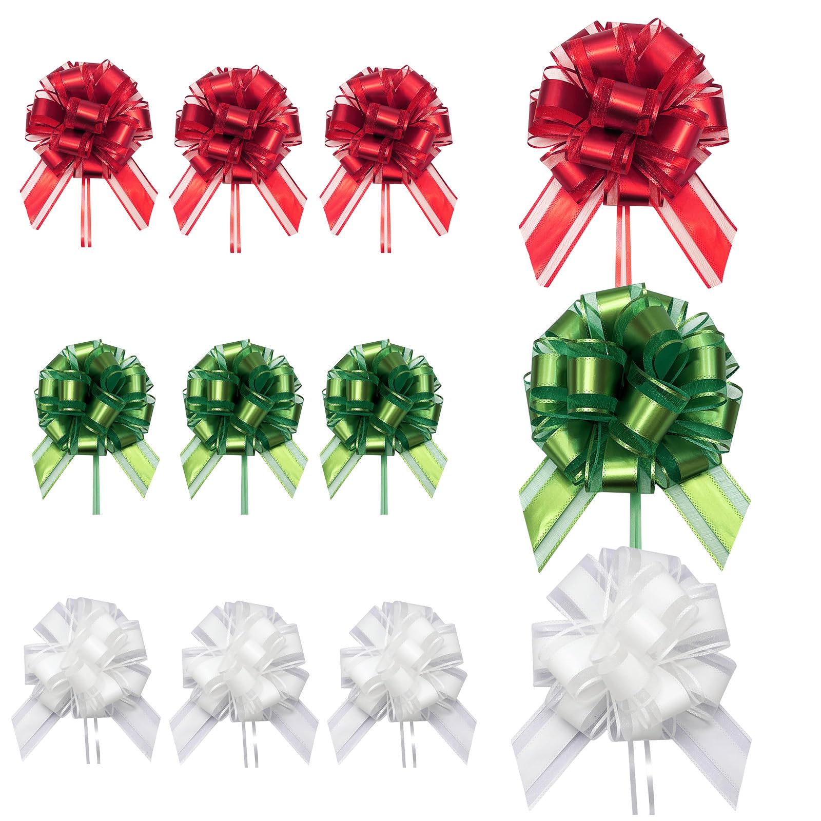 9P 7in/5cm Large Pull Bows Gift Wrap Bows for Gift Wrapping,Red Green White Pull Bow Ribbon for Present Wedding Car Gifts Basket,Christmas Pretied Gifts Wrapping Bow for Flower Wedding Birthday Decor