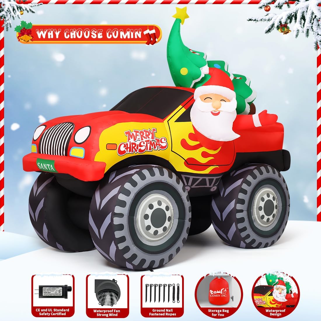 COMIN 7.2 FT Long Christmas Inflatables Monster Truck Outdoor Decorations Santa Claus Blow Up with Xmas Tree with Built-in LEDs for Party Indoor Yard Lawn Garden