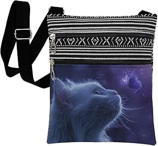 White Cat and Purple Butterfly Print Crossbody Bag with Adjustable Strap Zipper Closure Casual Sling Bag for Daily Trips Fashion Purse for Animal Lovers Birthday Holiday Present Choice