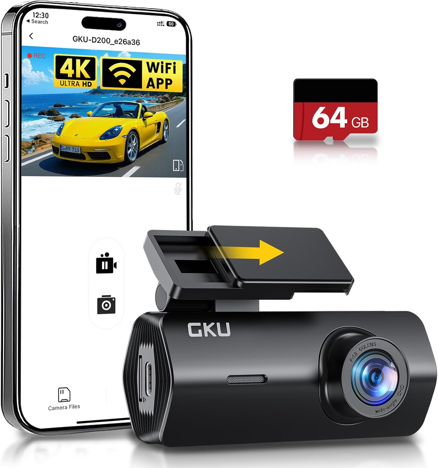 GKU 4K Dash Cam Front, Mini DashCam Includes 64GB Card, Dash Camera Built-in WiFi, 24H Parking Monitor,Night Vision,WDR,170° Wide Angle,Loop Recording,G-Sensor, (Black)
