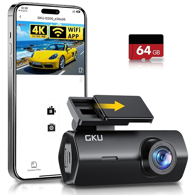 GKU 4K Dash Cam Front Mini DashCam Includes 64GB Card Dash Camera Built-in WiFi 24H Parking Monitor Night