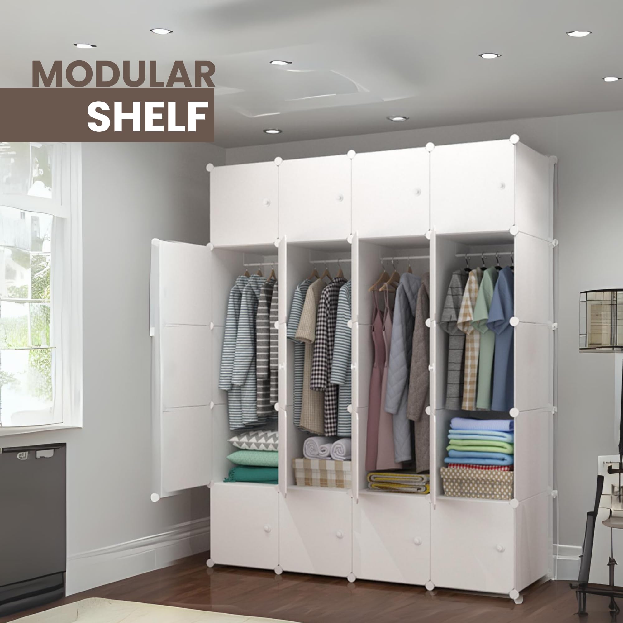 MAGIC SELECT Armadio modulare, Scaffalatura Modulare, Armadio Organizzatore Modulare per Abiti per la Casa, Ripiano Portaoggetti per Camera da Letto, 20 Moduli, 4 Barre, 175x140 cm, Bianco