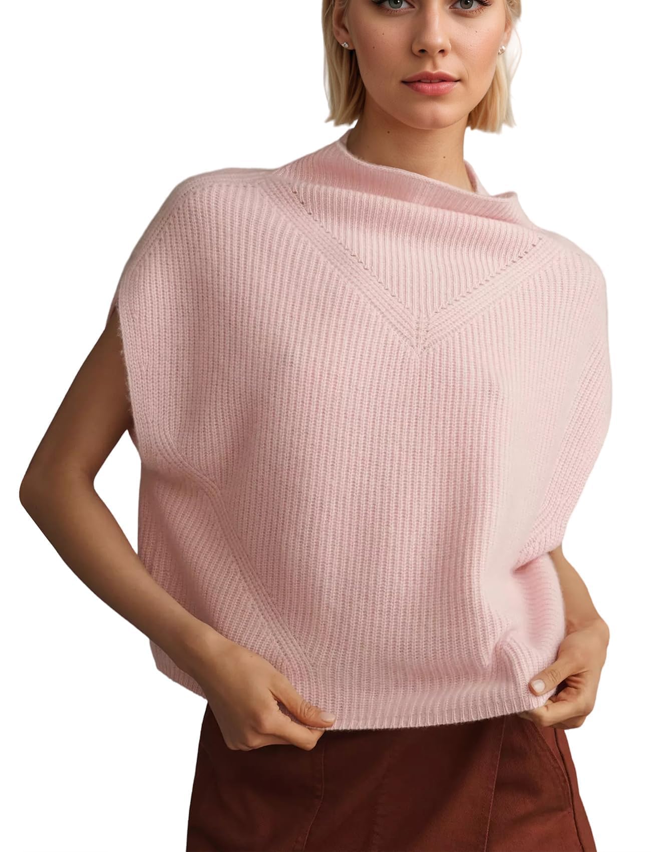 Women Sleeveless Sweater Vest Ribbed Mock Neck Short Cap Sleeve Casual Knit Pullover Tank Top