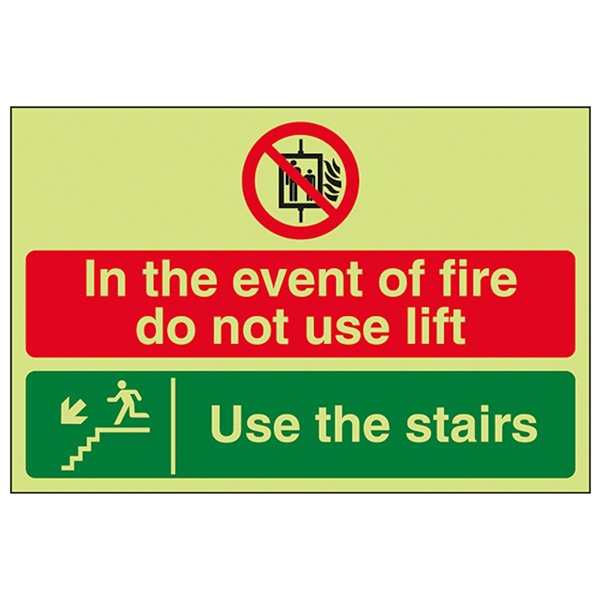 V Safety GITD In The Event Of Fire Do Not Use Lift/Use The Stairs Down Left 200 x 150 mm - Glow In The Dark Self Adhesive Vinyl Safety Sign