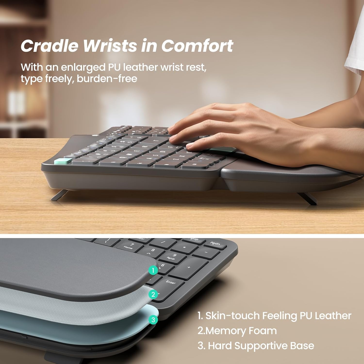 Nulea Wireless Ergonomic Keyboard, Split Keyboard with Cushioned Wrist Rest, USB and Bluetooth Connectivity, USB-C Rechargeable, Compatible with Windows Mac - Image 4