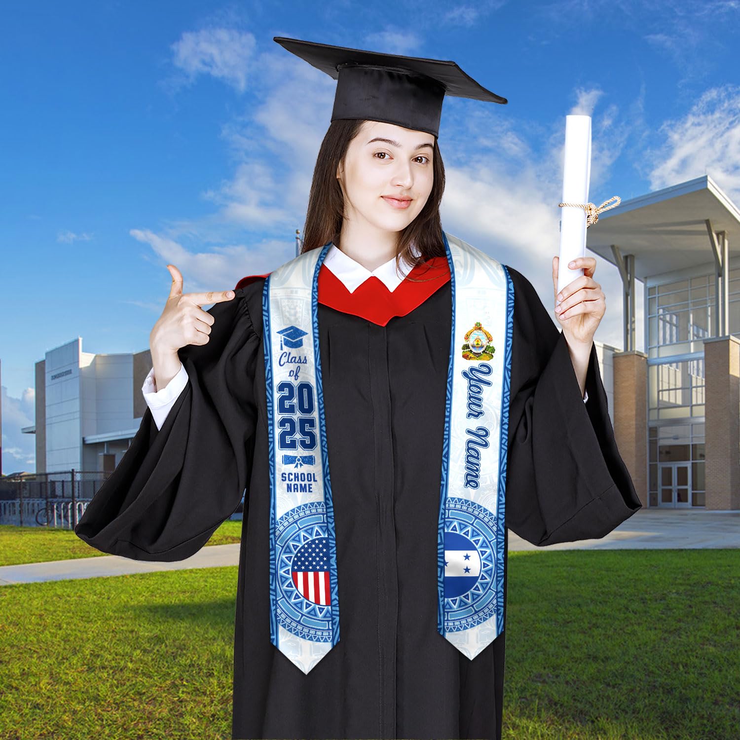 MonkeyVan Personalized Honduran Graduation Stole 2025, Honduras Flag Graduation Sash, Honduran American Flag Grad Stole 2025 Hdr 3