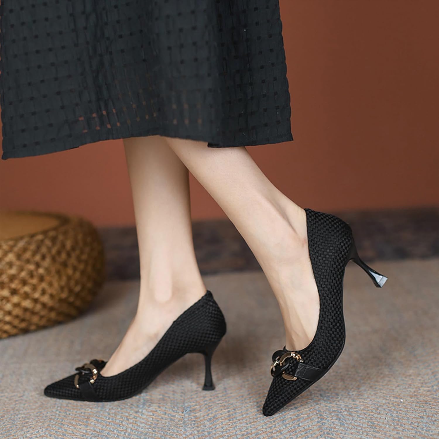 Womens Metal Buckle High Kitten Heel Pumps Braid Upper Sexy Pointed Closed Toe Stiletto Slip On High Heels for Wedding Party Prom Dress Pole Dance