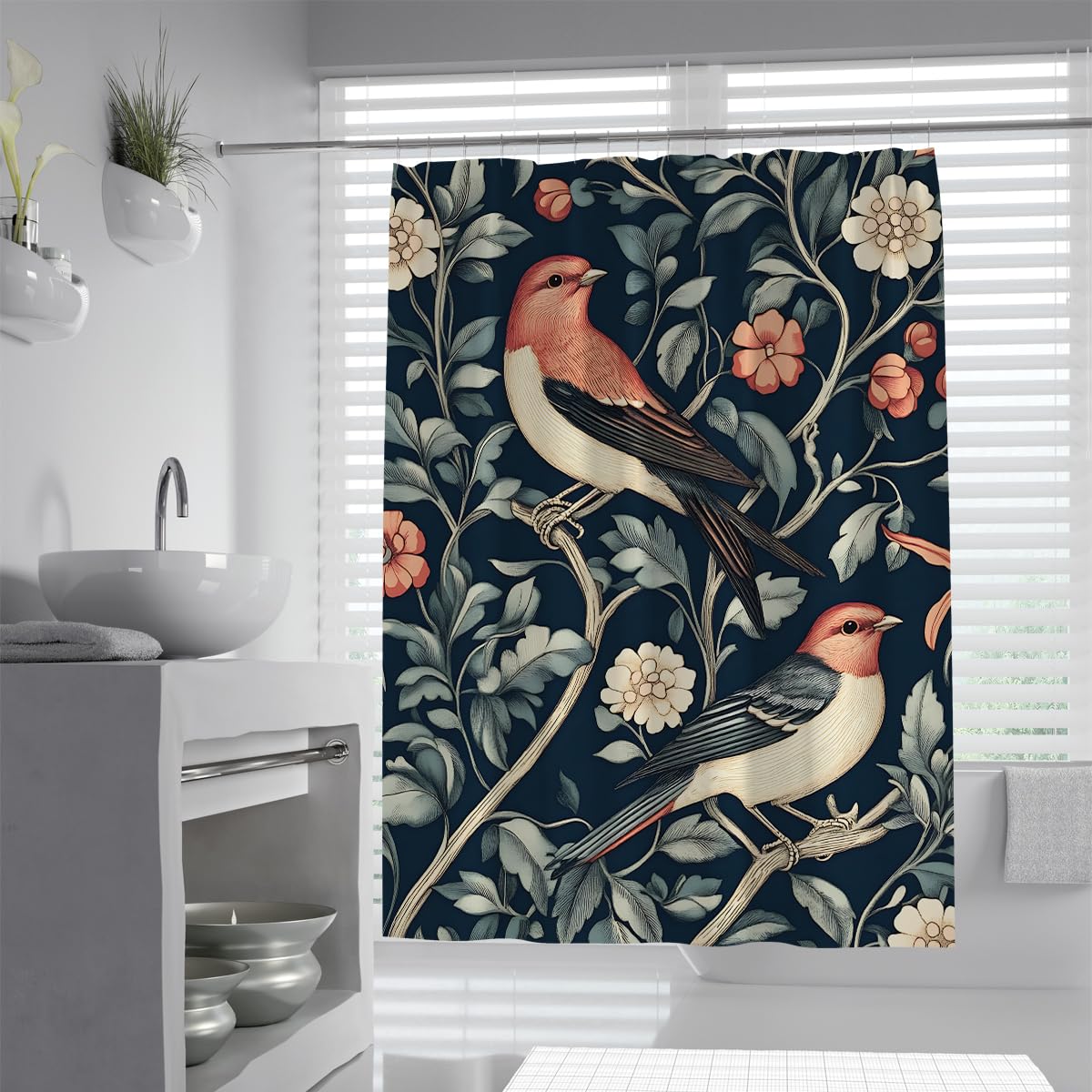 OLLIAR Home Boho Floral Shower Curtain 150x180 Cute Bird Leaf Farmhouse Shower Curtains for Bathroom Vintage Country Aesthetic Polyester Bathroom Decor Set with Hooks