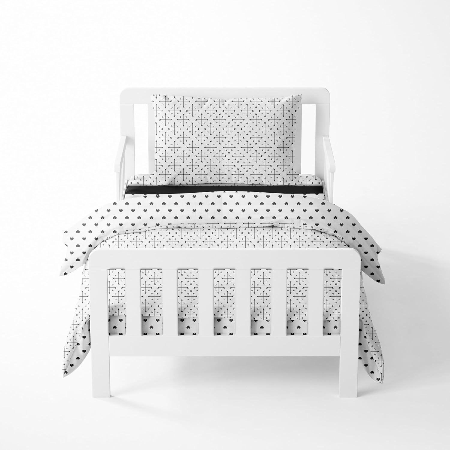 Bacati - Aztec Love Muslin 4 Piece Neutral Toddler Bedding Set Includes Reversible Comforter, Fitted Sheet, Top Sheet, and Pillow Case (Black Love Arrows/Hearts)