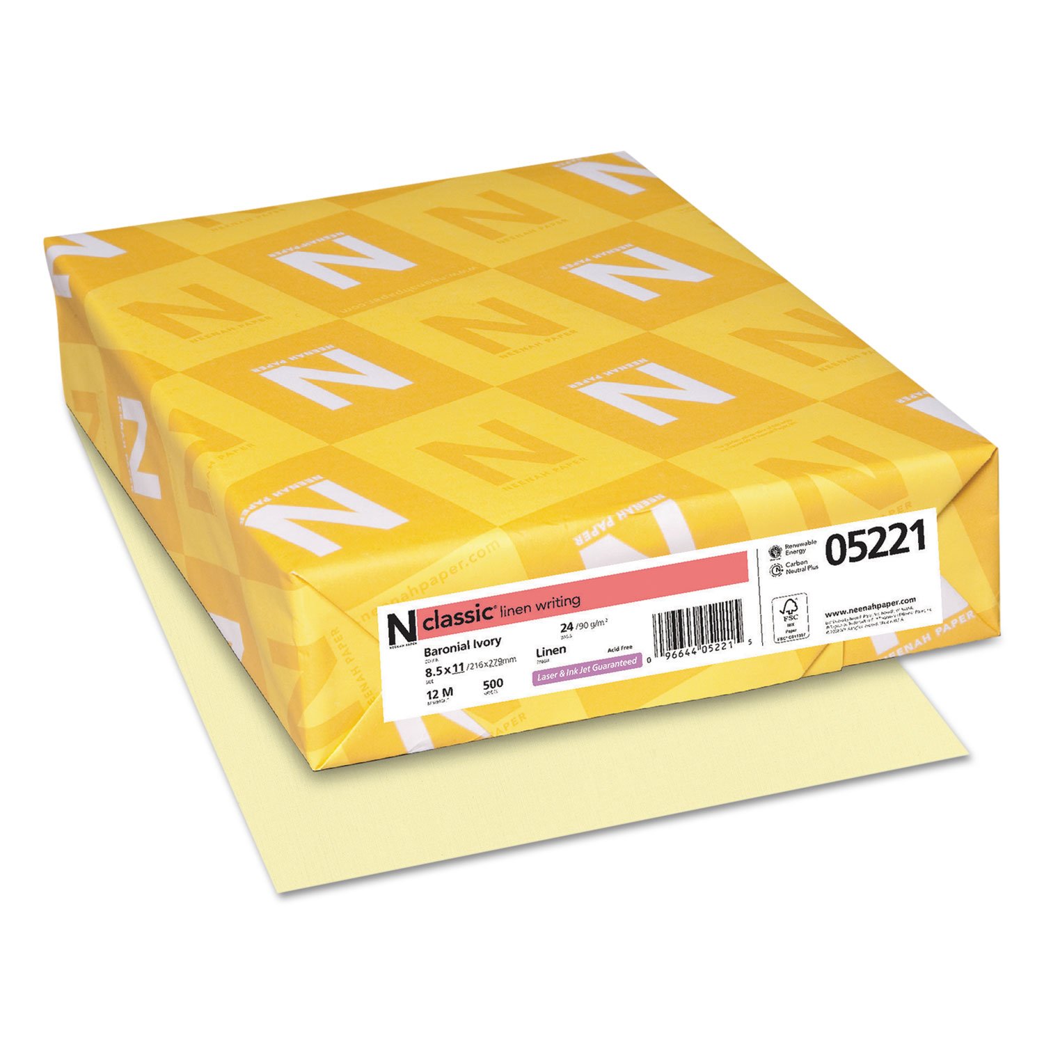 Neenah clásico lino papel de escribir, carta 8,5 x 11 pulgadas, 24 lb., Baronial marfil, 500 hojas (05221)
