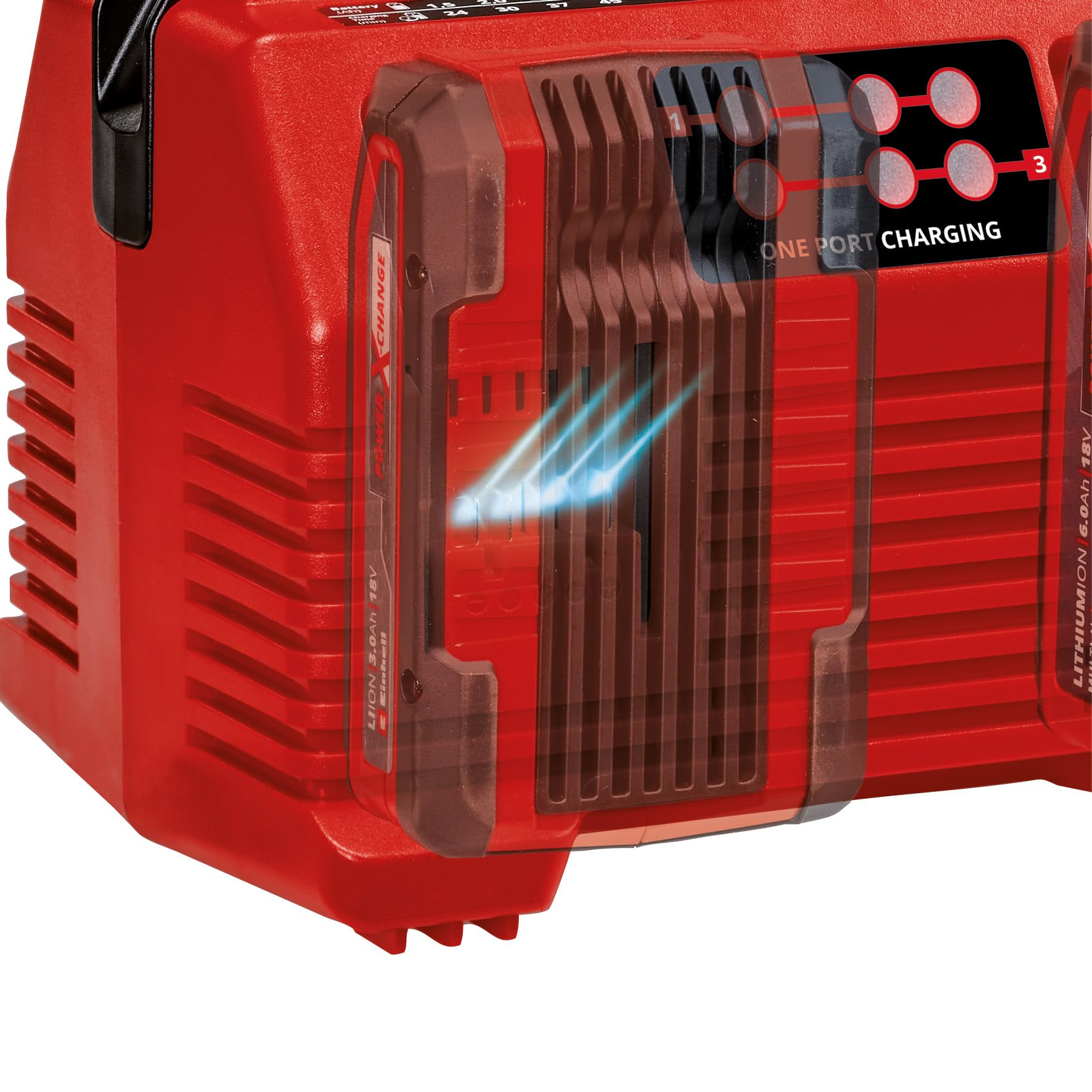 Einhell Chargeur Power X-Quattrocharger 4A Power X-Change (li-ION, 18V, Charge simultanée de 2 Batteries, indicateur d’état LED 6 Positions)