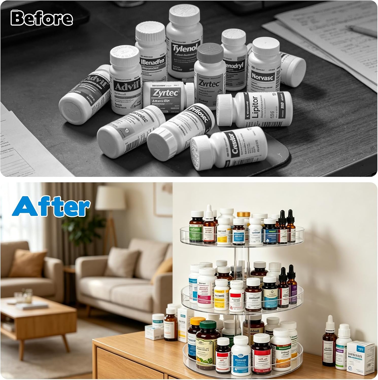 Medicine Bottle Organizer Shelf, 3-Tier Medicine Cabinet Organizer for Countertop and Bathroom, Transparent Removable Organizer for Empty Pill Bottles Medication Bottles Vitamins Bottles