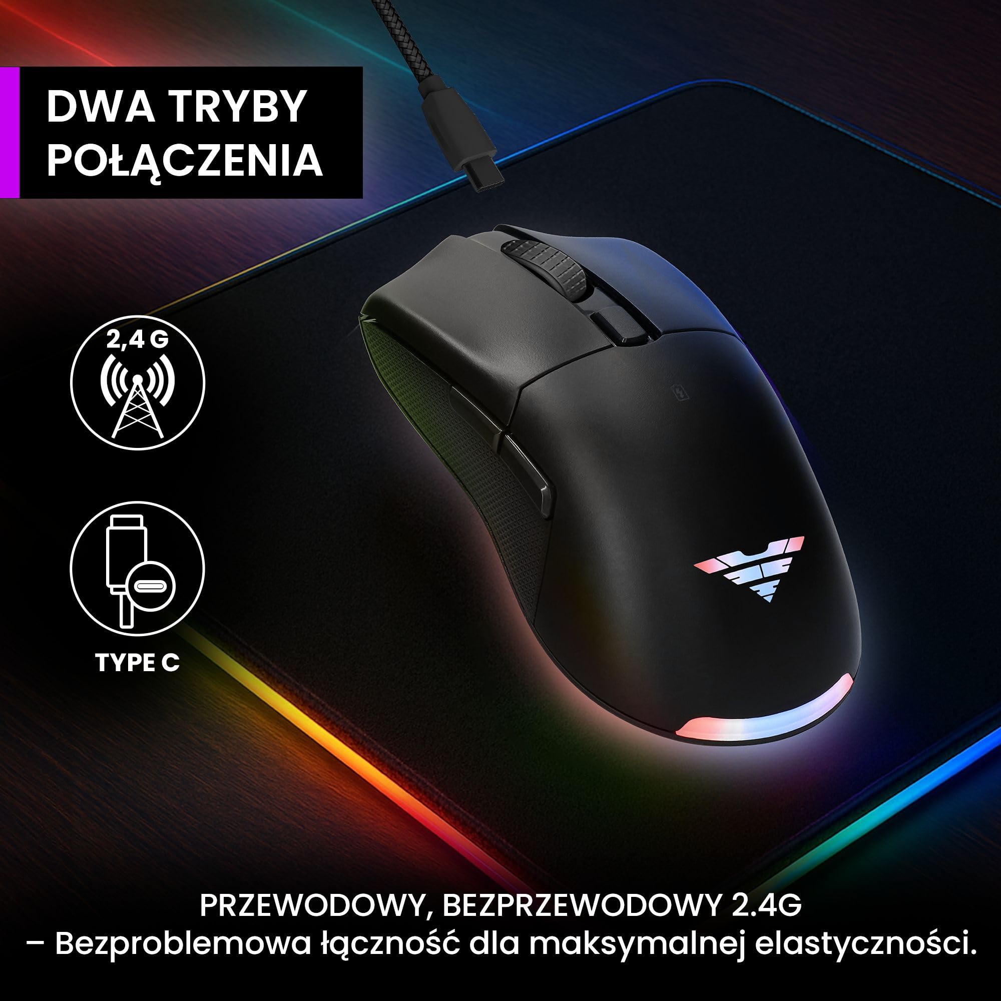 PREYON Mysz Gamingowa z Kablem 1,8 m Bezprzewodowa do Komputera Myszka z Programowalnymi Przyciskami Podświetleniem RGB 2.4 GHz USB Lekka 85 g Czujnik 16K DPI – Owl Czarna
