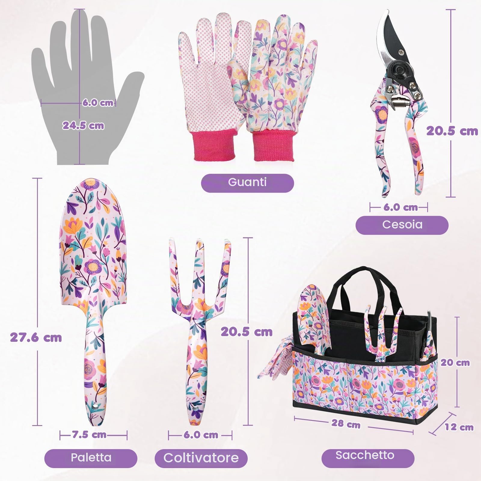 Velway Set di Attrezzi da Giardinaggio - 5 Pezzi con Borsa e Guanti, Strumenti Floreali in Metallo, Regalo Perfetto per Mamma, Donne, Natale, Compleanno