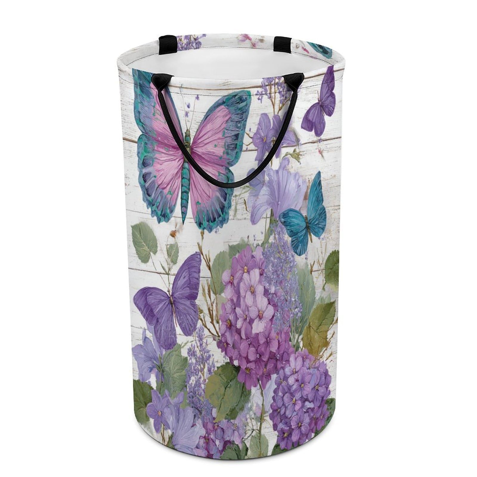 LUYYSKY Beautiful Fantasy Butterflies Collapsible Dirty Clothes Basket, Rustic Watercolor Wooden Boards Lavender Floral Animals Butterfly Portable Clothes Storage Basket