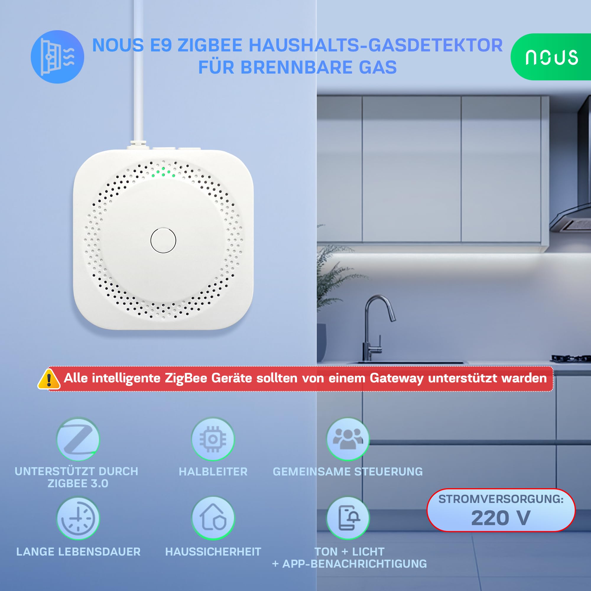 Détecteur de Gaz ZigBee NOUS E9 pour Gaz Inflammables, Alerte 85 DB, Contrôle Via App & Voix, Compatible avec Alexa, Google Assistant, Home Assistant, Tuya, Hub ZigBee Requis