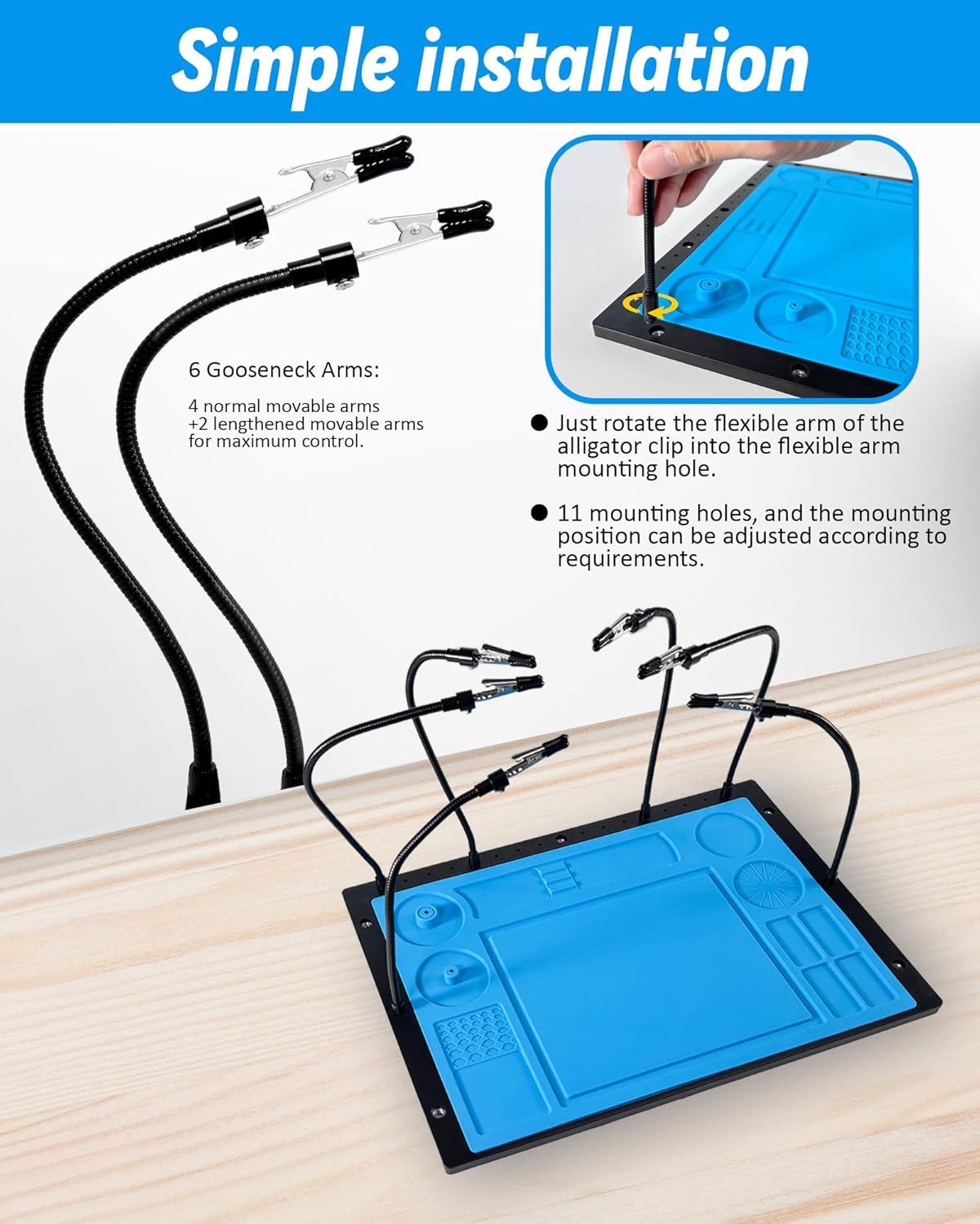 Kaisi Helping Hands Soldering Station with Soldering Mat,6 Flexible Arms Third Hand Tool Heat-Resistant Silicone Solder Mat Base Soldering Kit Helping Hands for Electronic Repair Soldering Jewelry DIY