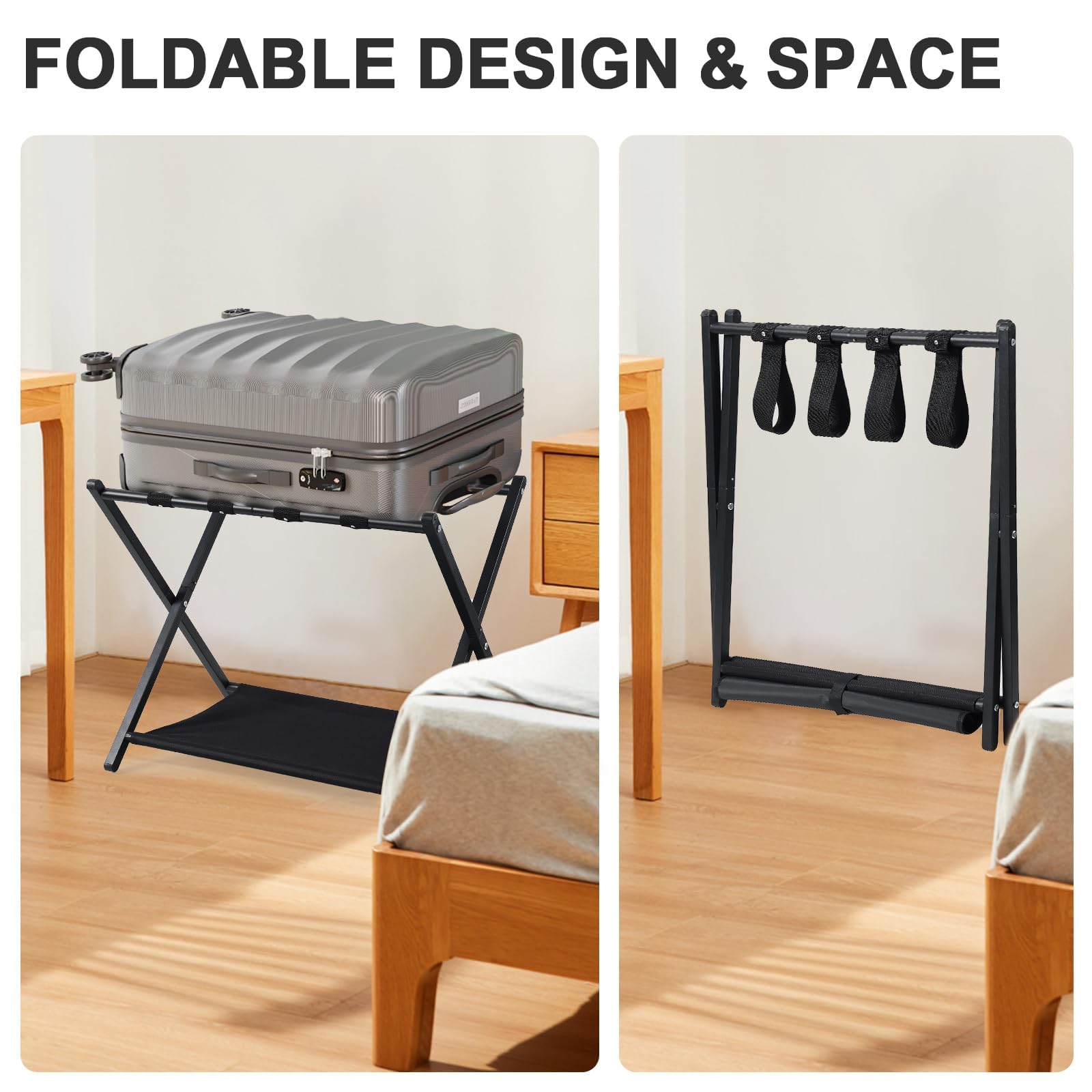 Supporto per Valigie DAKEPOLE - 2 Pezzi, Supporto Pieghevole per Valigie in Bambù per Camera da Letto, Camera degli Ospiti, Metallo Cromato, Pieghevole