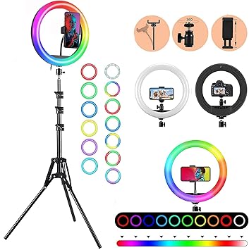 WALLFLOW RGB LED Selfie Ring Light 12 inch with 360 Rotating Gooseneck Arm and Phone Holder Tripod Stand for Live Streaming, Video, Dimmable Desk Makeup Features (Black Color)