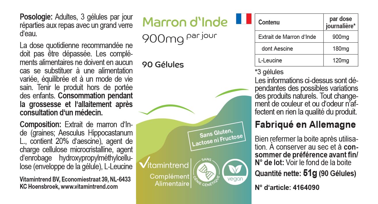 Vitamintrend Marronnier d'Inde 900 mg par jour, 90 gélules, facile à avaler, 20% d'aescine, hautement dosé, complément alimentaire vegan sans stéarate de magnésium, fabriqué en Allemagne