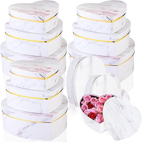 Kosiz 12 cajas de flores de corazón de mármol con forma de corazón, cajas de regalo de papel en forma de corazón, cajas de regalo florales de mármol