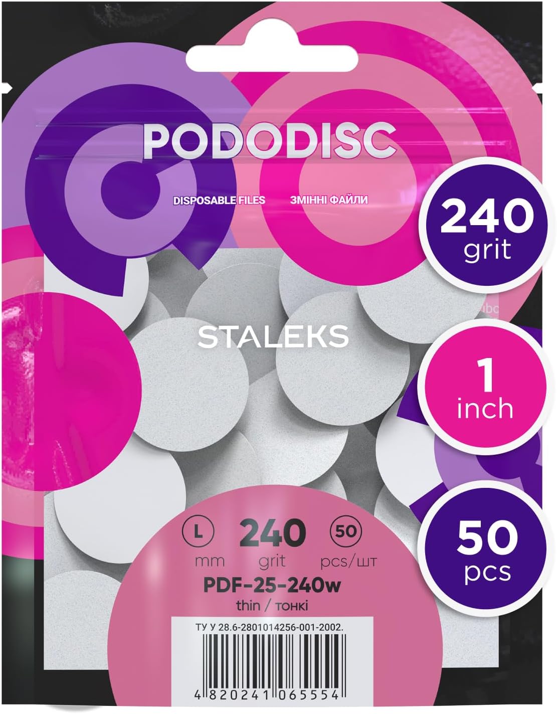 PODODISC Electric Foot File Refills, 1 Inch, 240 Grit, 50 Pcs | Fine foot file refills for skin polishing after callus removal; adhesive discs for STALEKS PODODISC electric foot file system