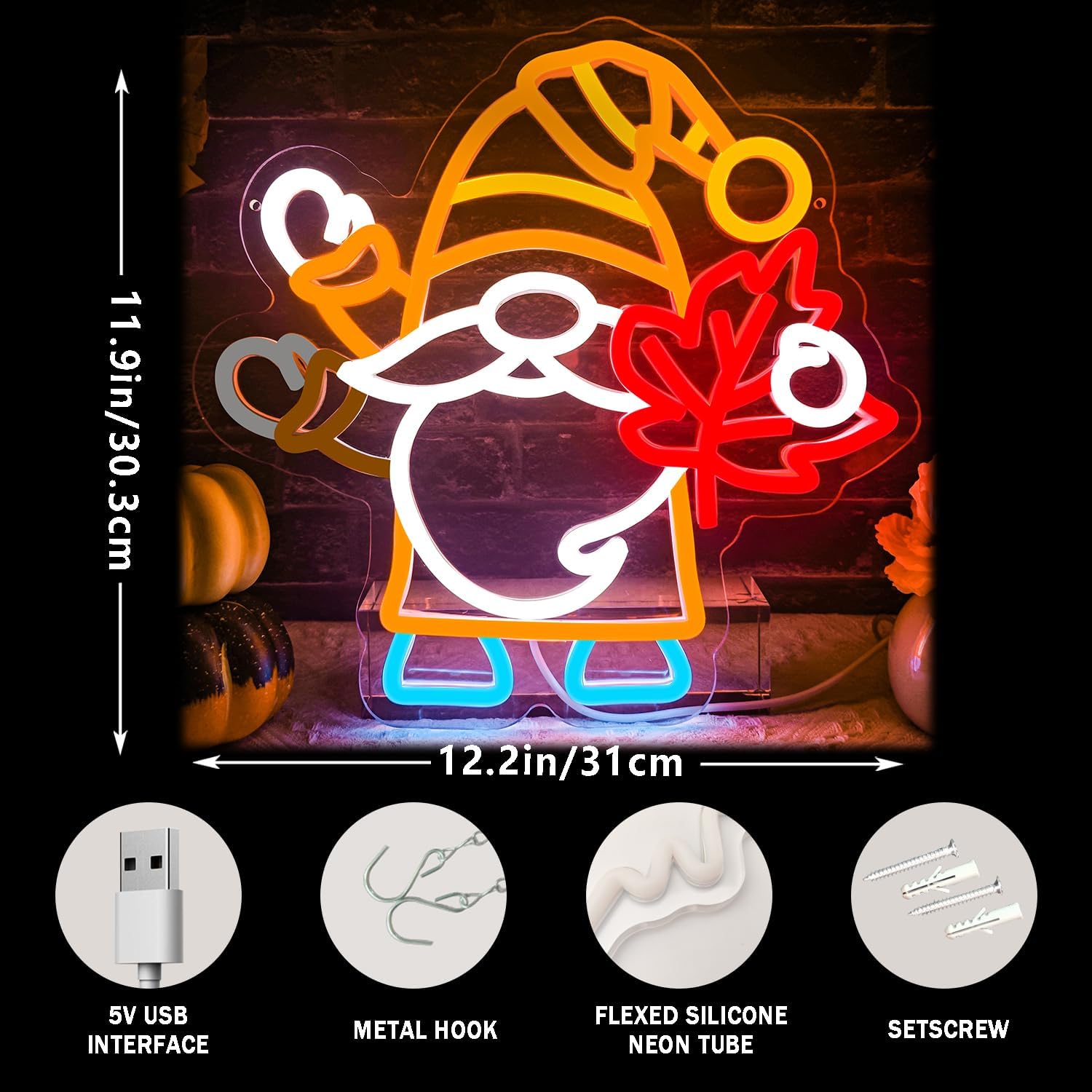 Flashing Gnomes Neon Sign Dimmable for Thanksgiving Neon Sign for wall decor Maple Leaf Neon Light for Hello Fall Led Sign Thanksgiving Bedroom Kids Room Bar Club Decoration Gift. - Image 5