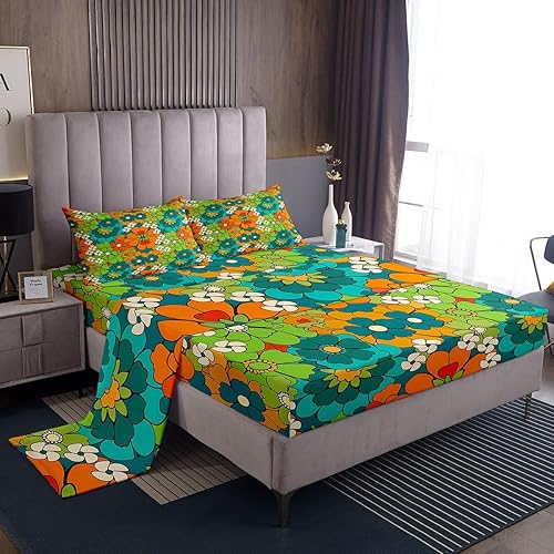 Miniatura 33 de Juego de sábanas retro floral de los 70 de tamaño individual, juego de decoración de cama con flores hippie y hojas con 1 sábana encimera y 1 sábana