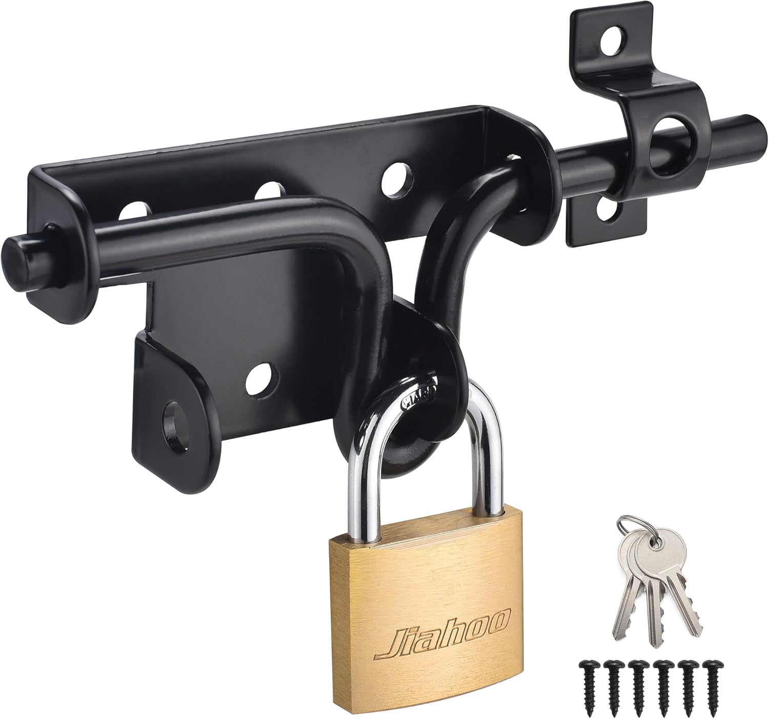 JIAHOO Door Lock Gate Latch, Heavy Duty Slide Bolt Door Lock with Brass Padlock & 3 Keys, Sliding Bolt Latch Hardware kit for Wooden Fence, Shed Door, PVC Fence, Barn Door
